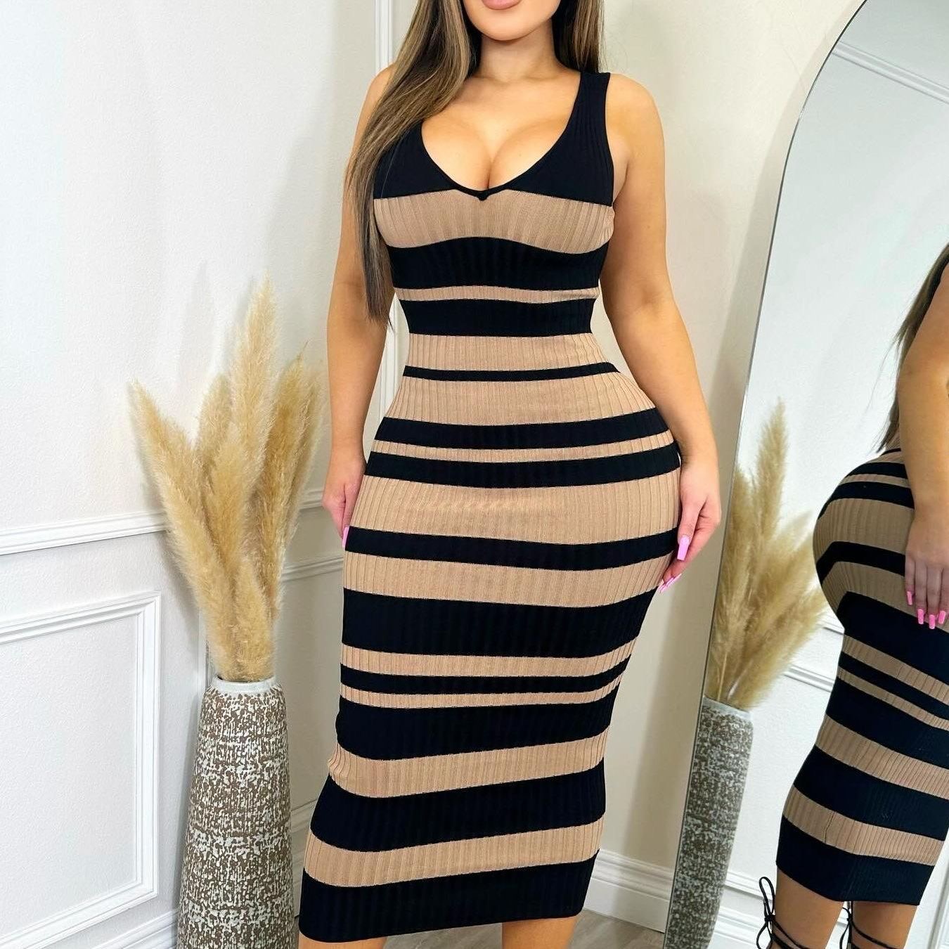 Pink & Black Striped Bodycon Midi Dress