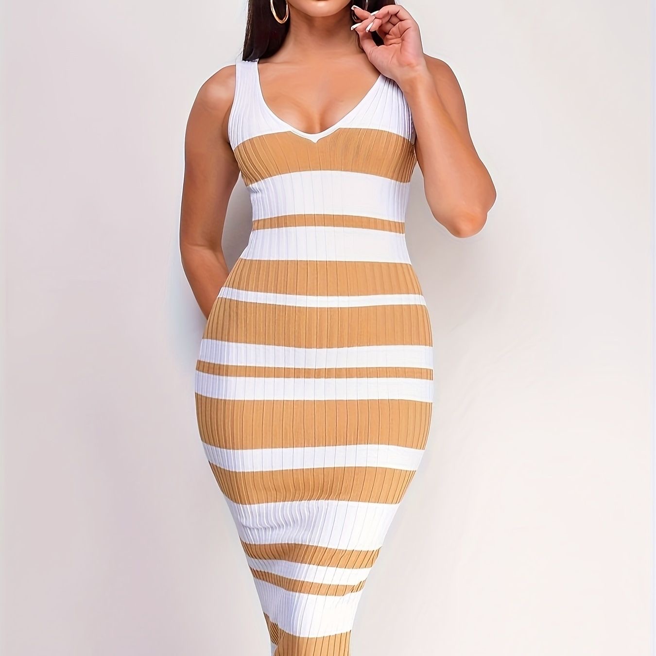 Pink & Black Striped Bodycon Midi Dress