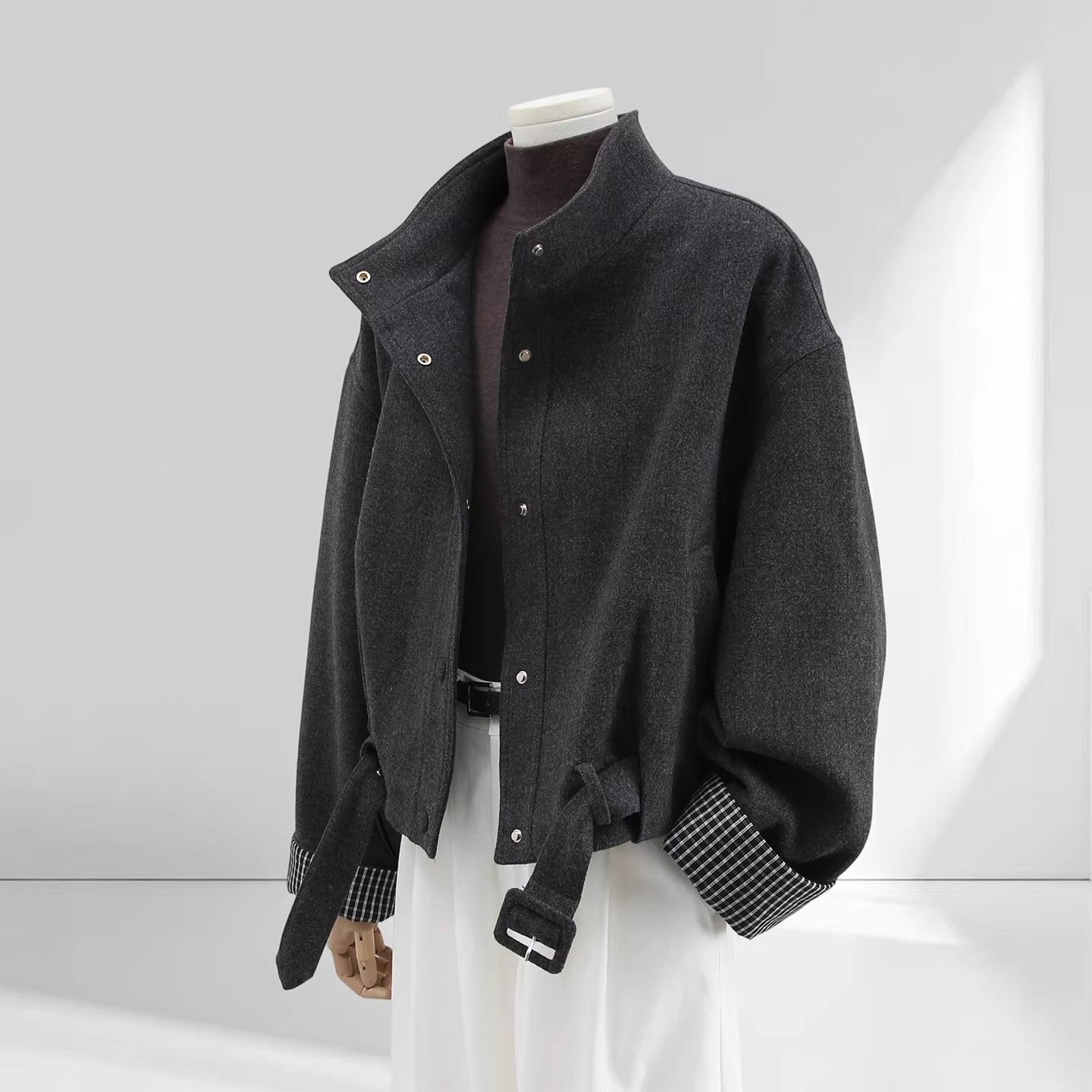 Chic Belted Cropped Wool-Blend Jacket (Brown)