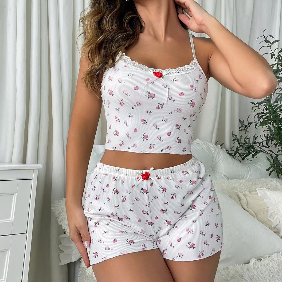 Women’s Floral Ribbed Lace Trim Cami Pajama Set – 2 Piece Sleepwear