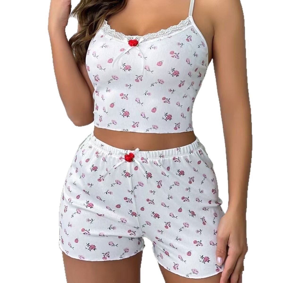 Women’s Floral Ribbed Lace Trim Cami Pajama Set – 2 Piece Sleepwear