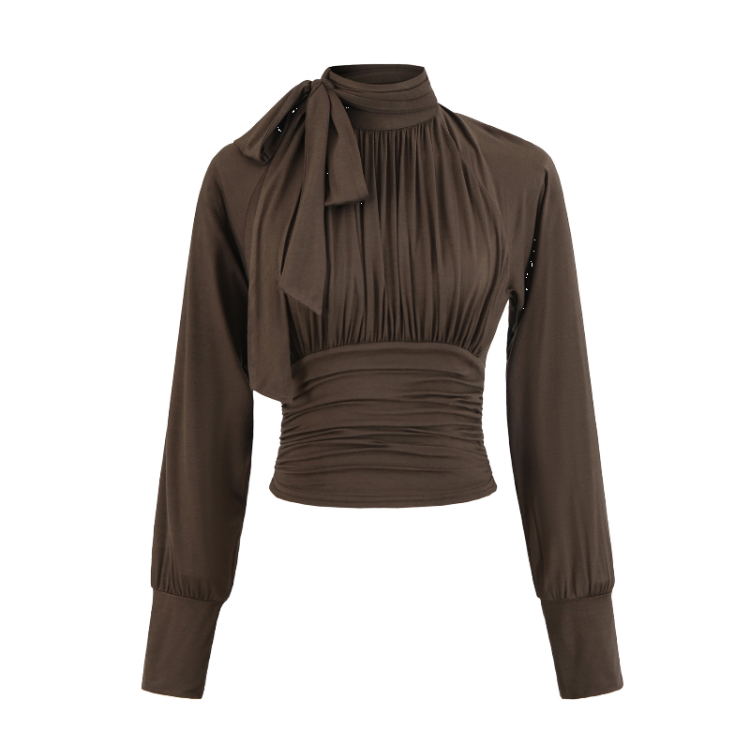 Elegant Ruched Waist Tie-Neck Long Sleeve Blouse