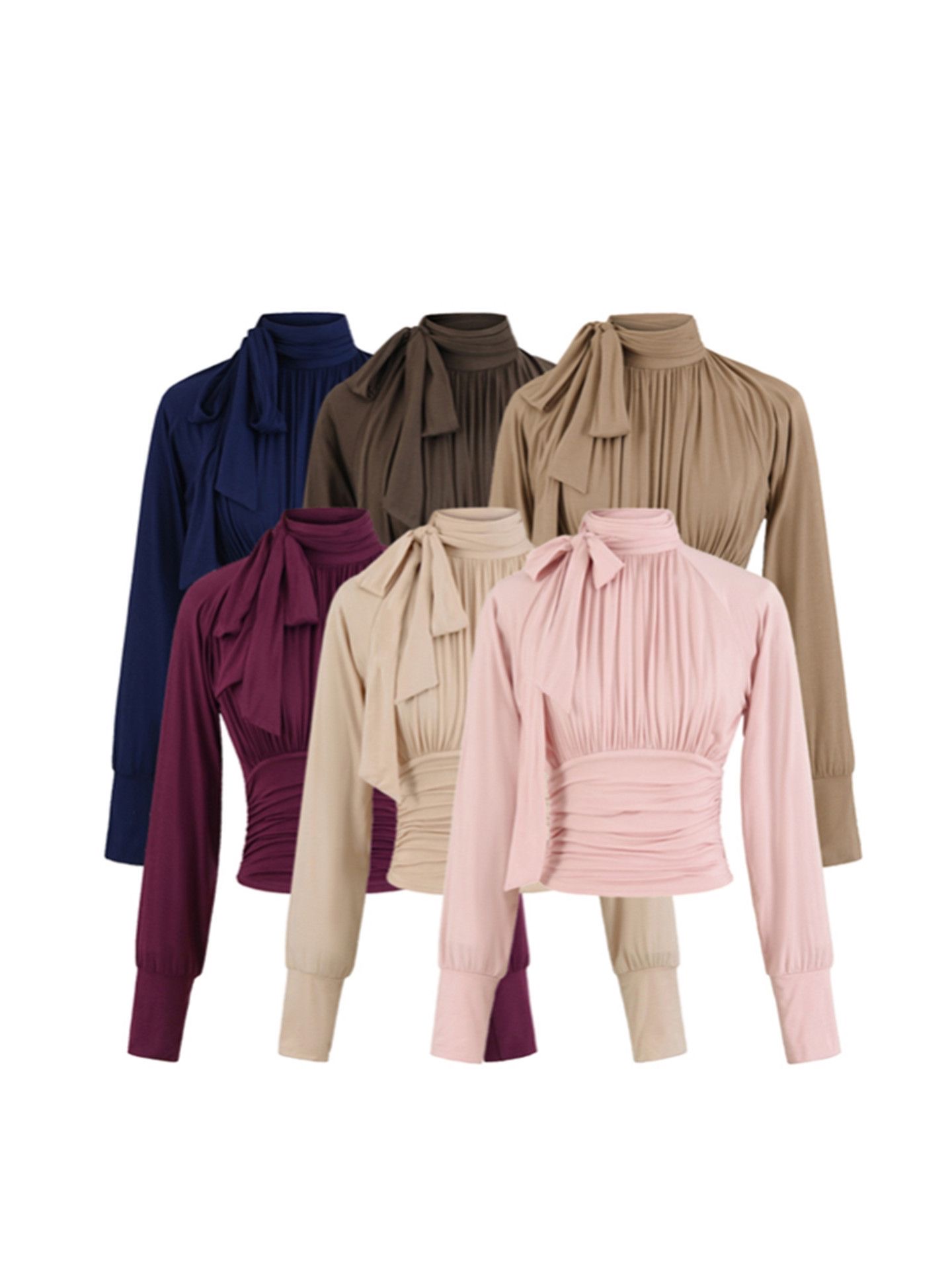 Elegant Ruched Waist Tie-Neck Long Sleeve Blouse