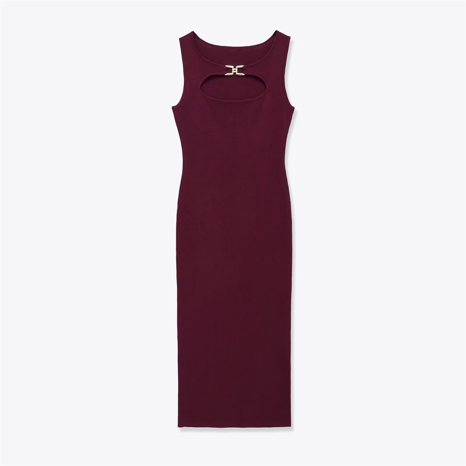 Burgundy Ribbed Cut-Out Buckle Midi Dress