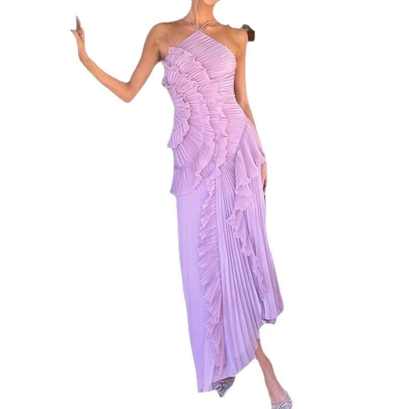 Elegant Pleated Ruffle Halter Dress – Soft Pink