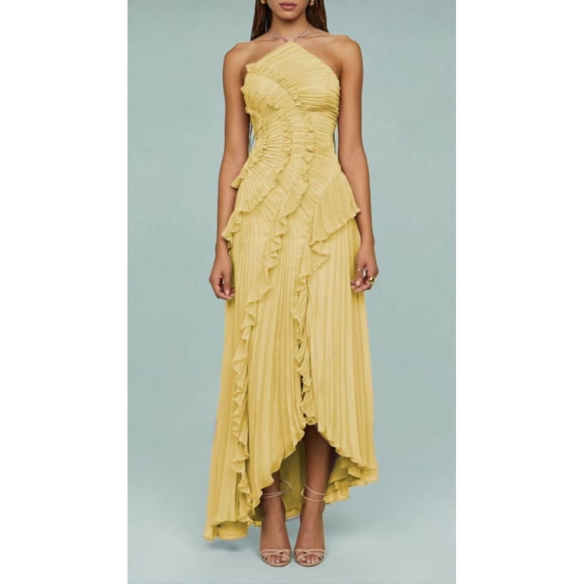 Elegant Pleated Ruffle Halter Dress – Soft Pink