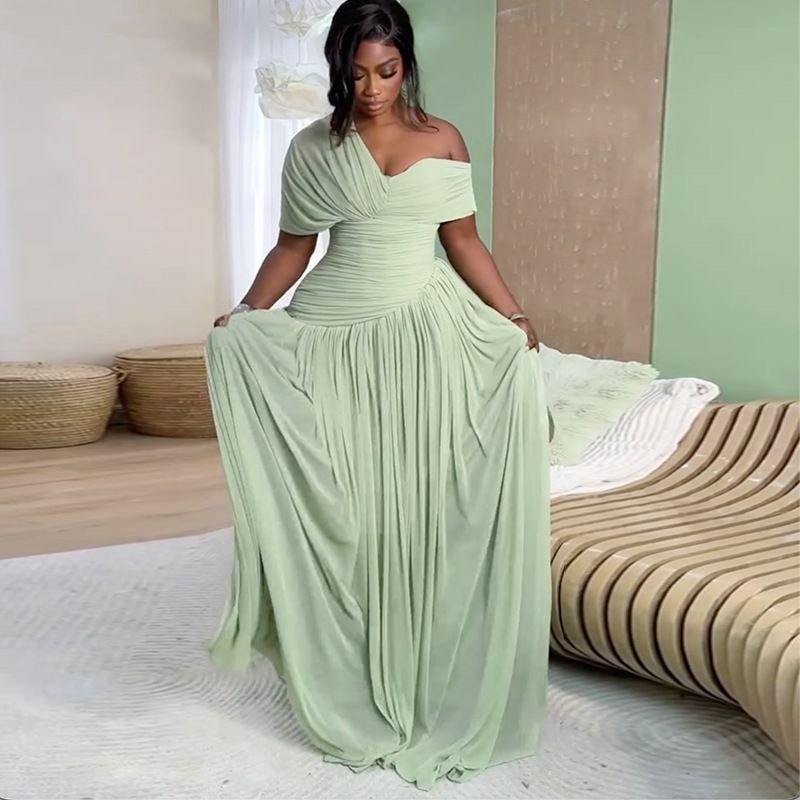 Sage Elegance Pleated Maxi Gown