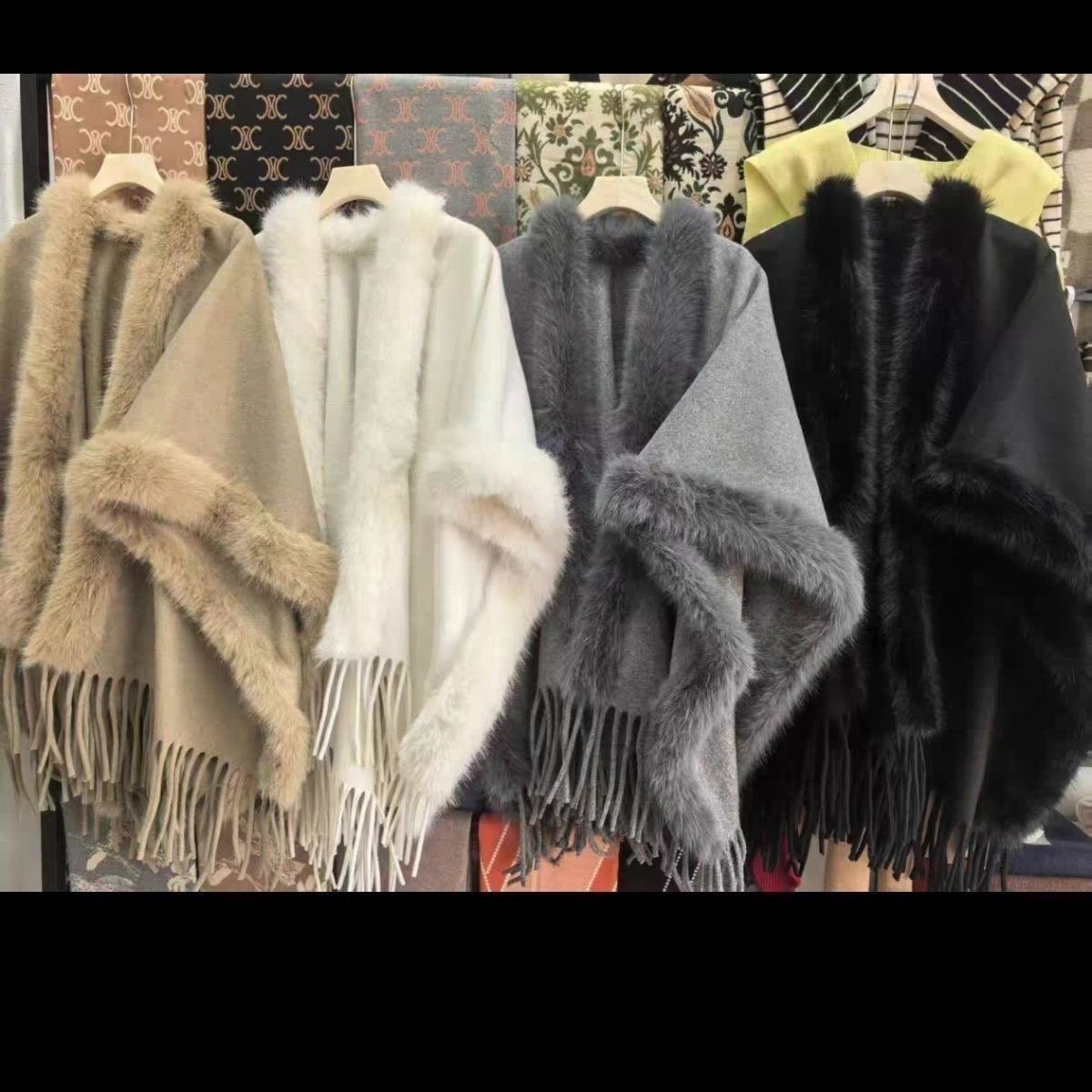 Elegant Faux Fur Trimmed Winter Poncho Cape