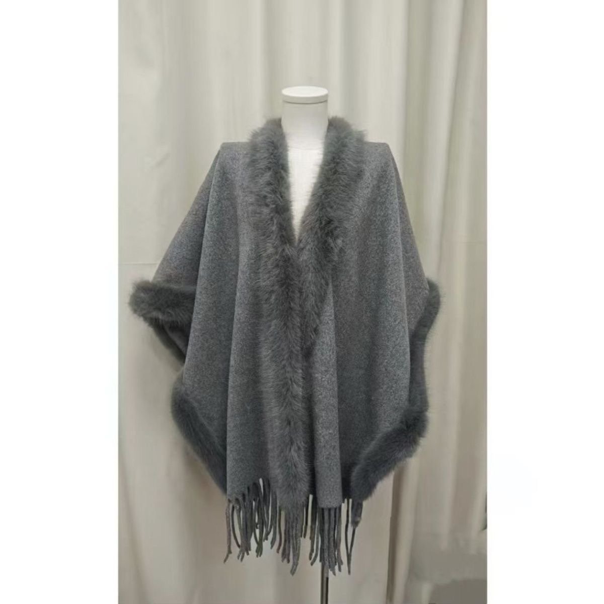 Elegant Faux Fur Trimmed Winter Poncho Cape