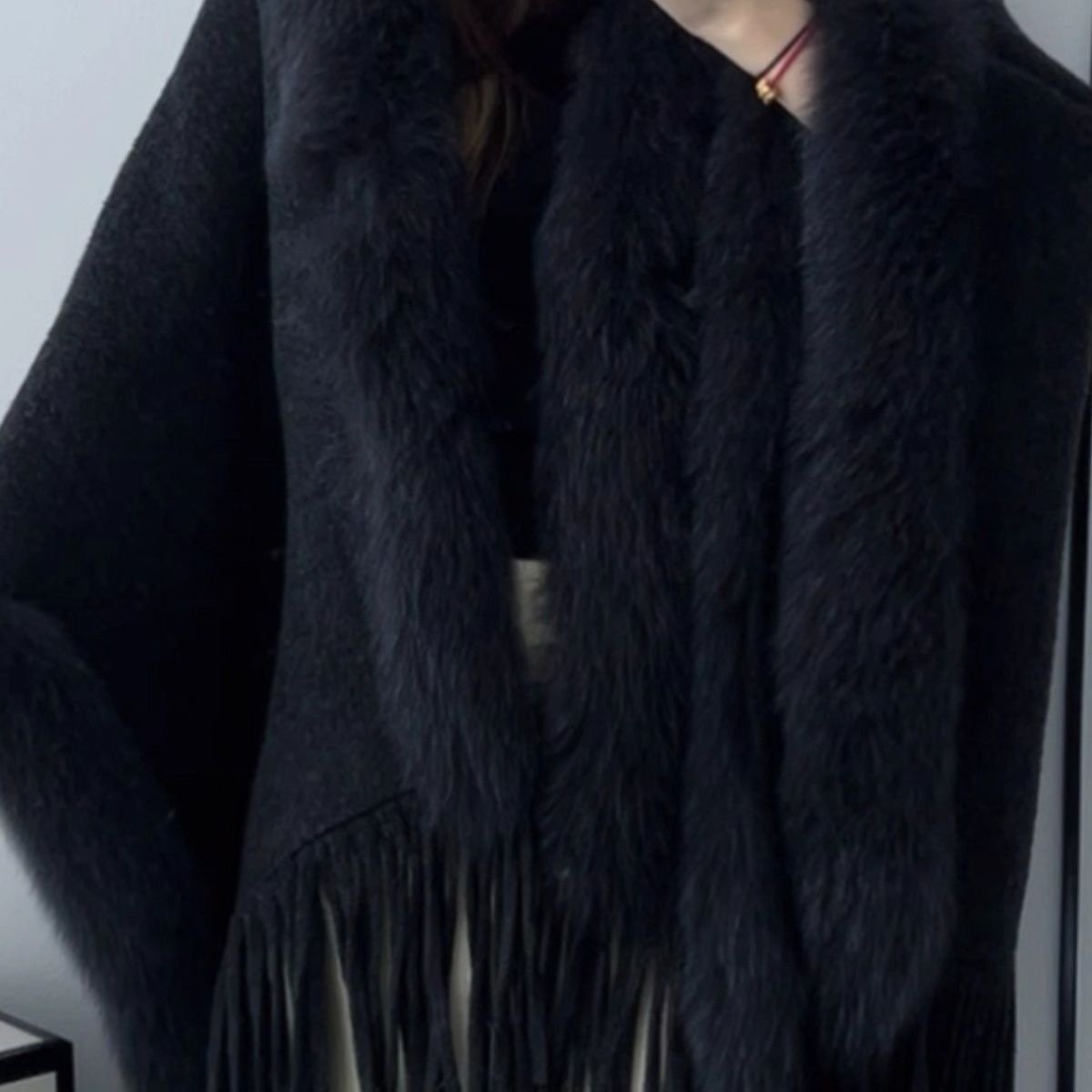 Elegant Faux Fur Trimmed Winter Poncho Cape