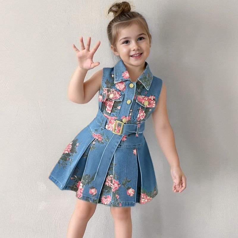Girls Floral Denim Dress