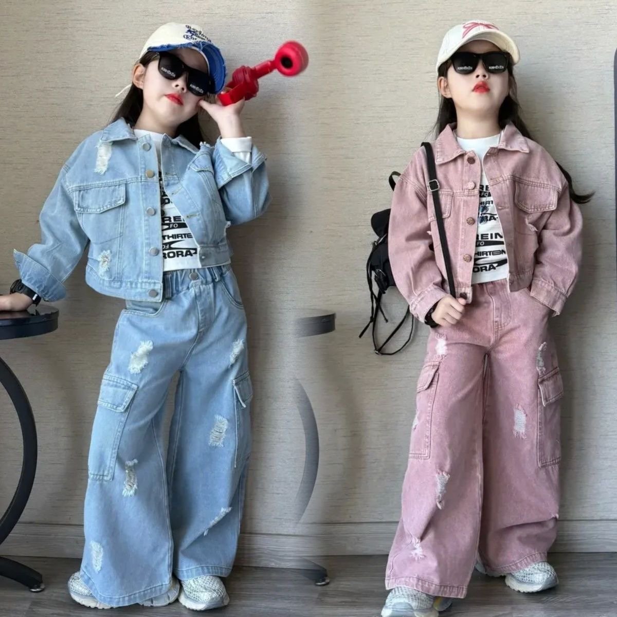 Girls denim set, girls denim jacket and pants, girls denim outfit, kids denim two piece set