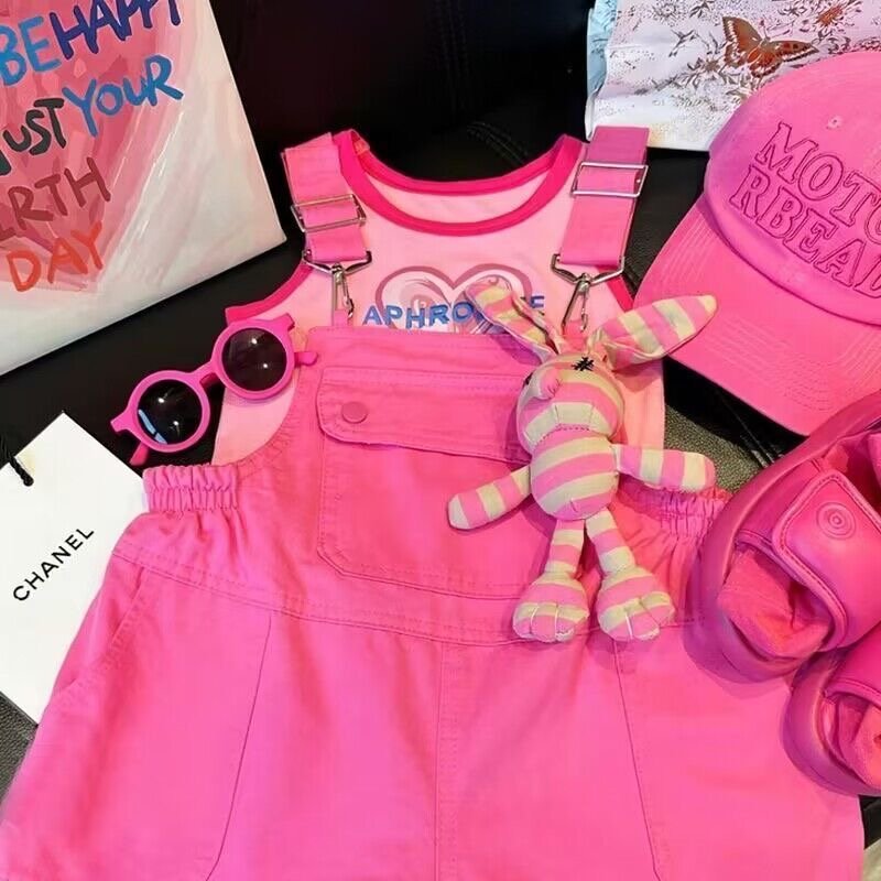 Girls hot pink dungaree, girls pink overalls, girls dungaree outfit, pink dungaree for girls, kids pink overalls, girls casual outfit