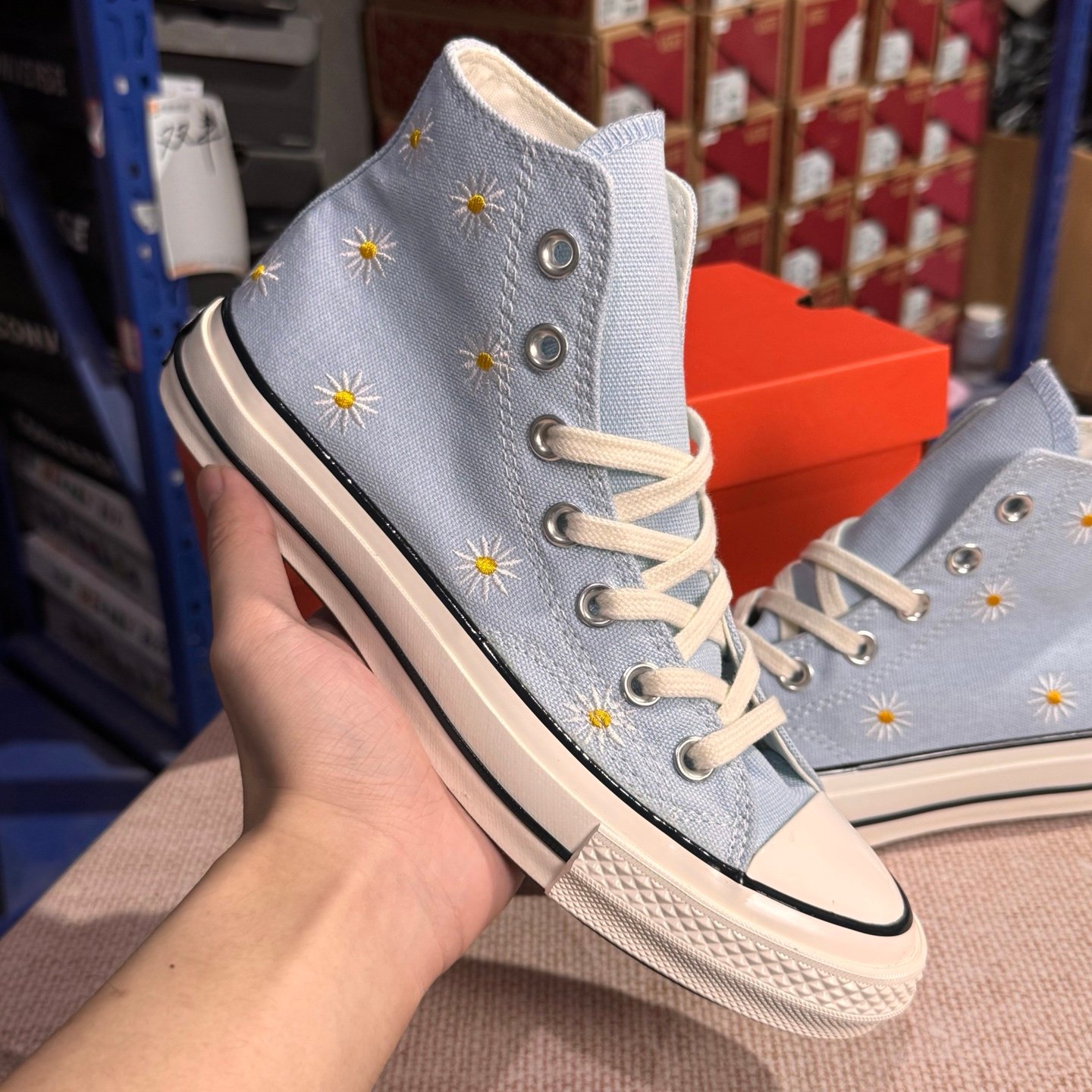 Light Blue Floral High-Top Canvas Sneakers