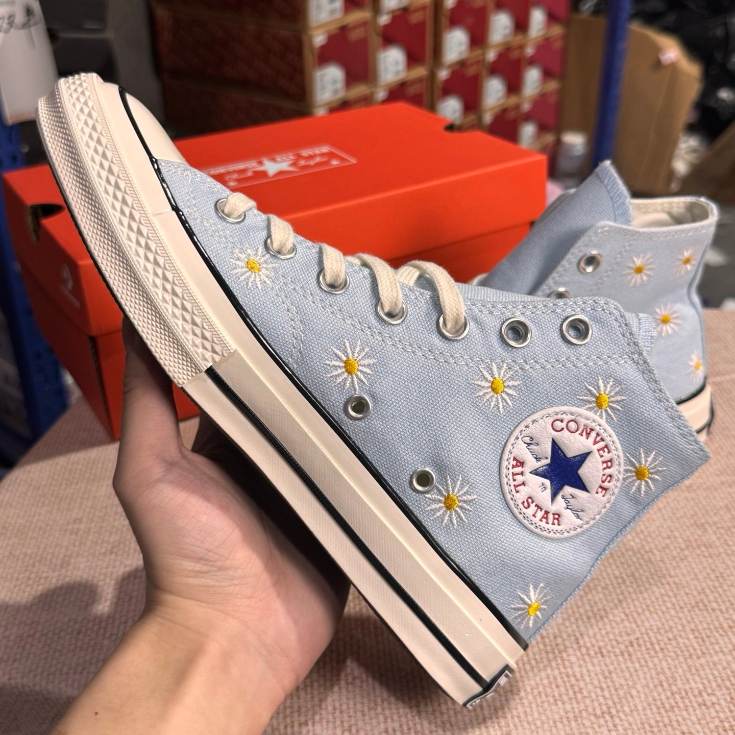 Light Blue Floral High-Top Canvas Sneakers