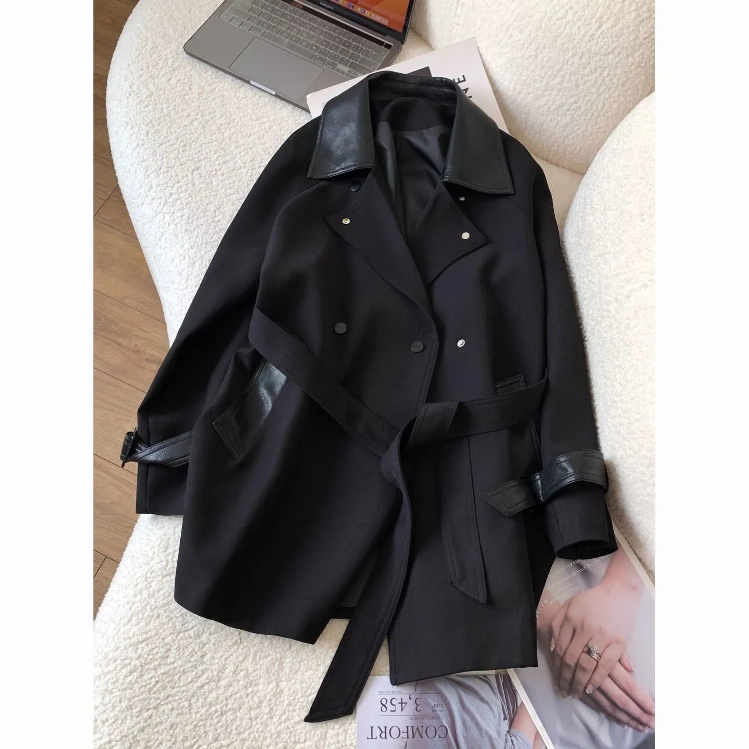 Women leather blend coat