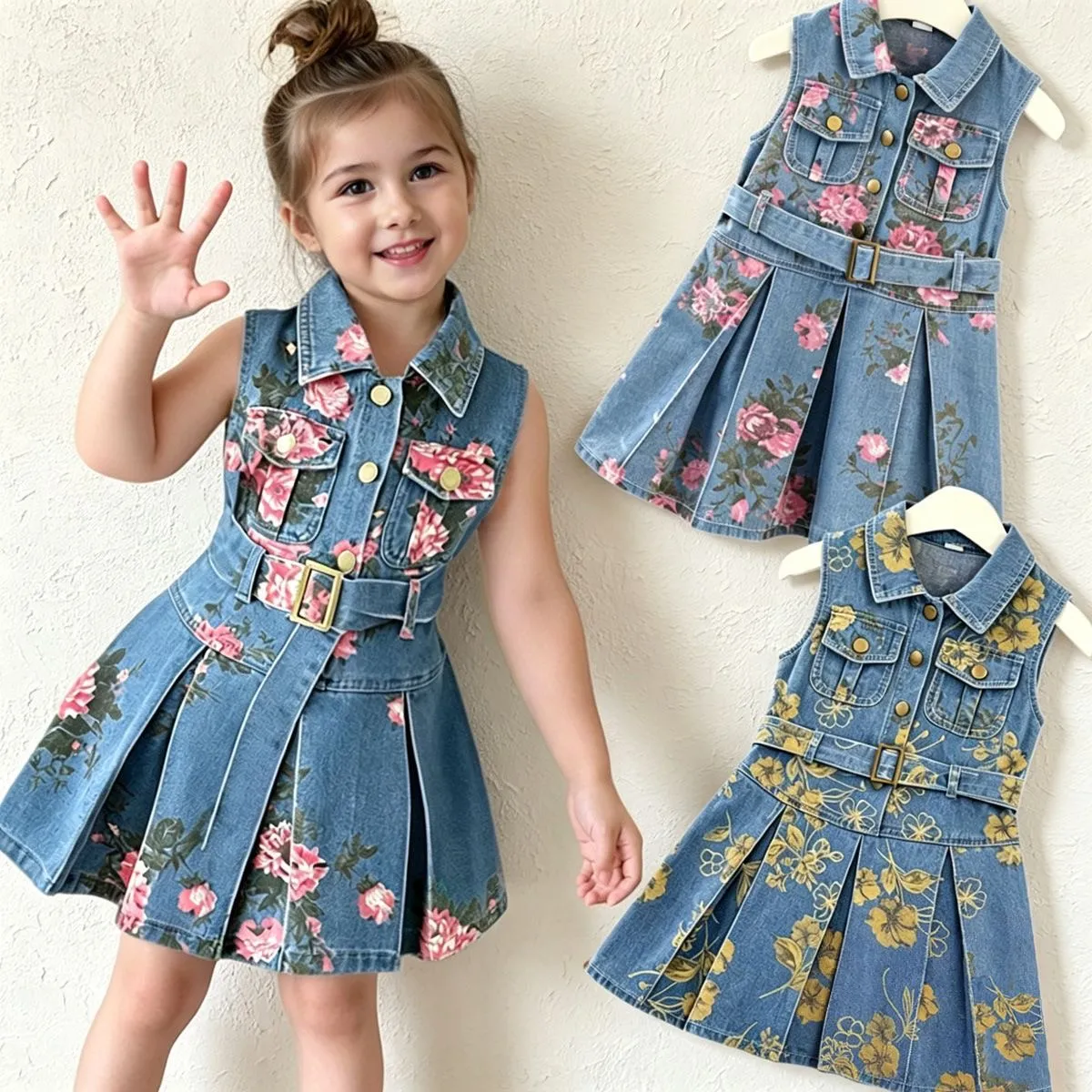 Girls Floral Denim Dress